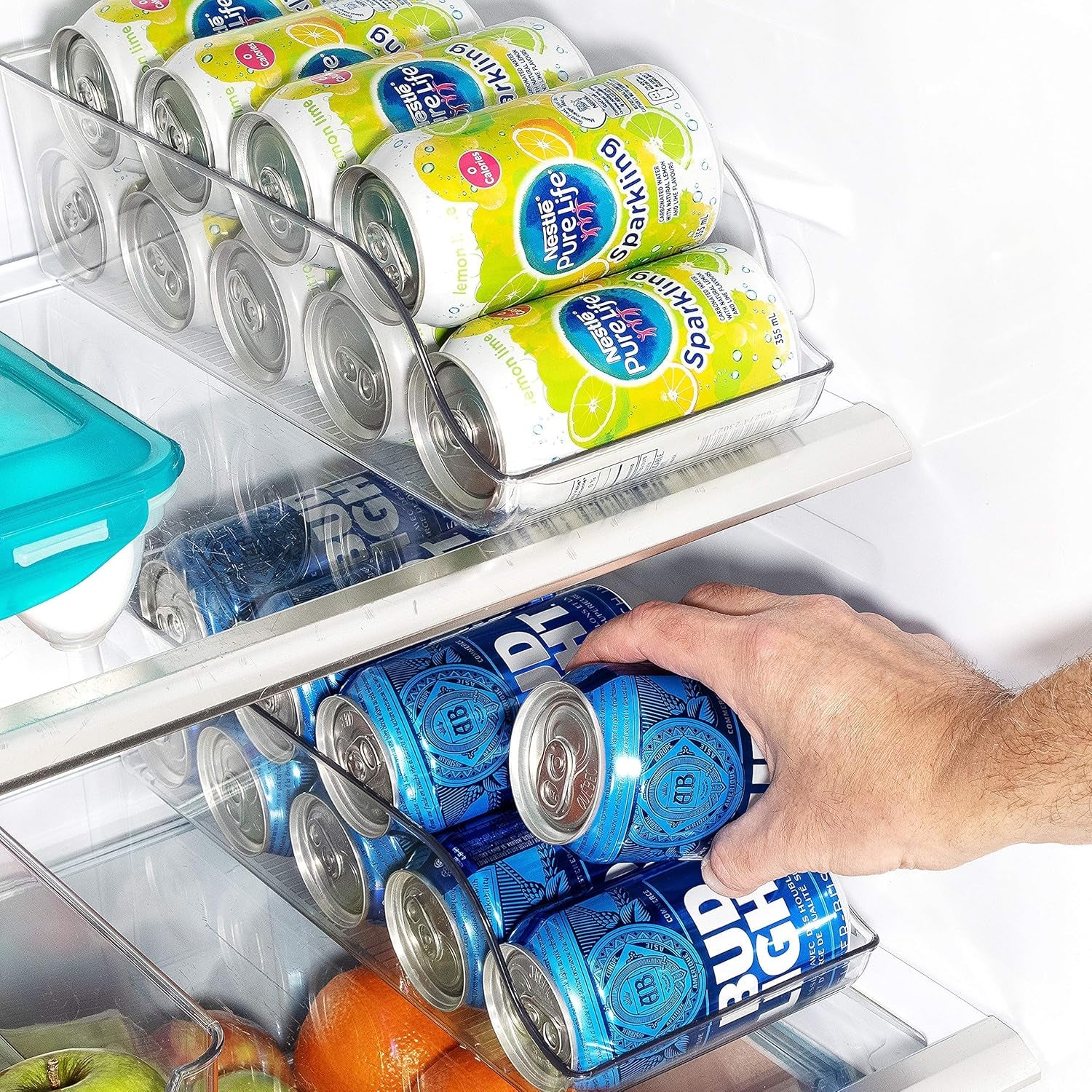 Set of 2 -  Refrigerator Organizer Bin Pop Soda Can Beverage Holder for Fridge, Kitchen, Countertops, Cabinets - Clear Plastic Can Dispenser and Canned Food Pantry Storage Rack (Without Lid)