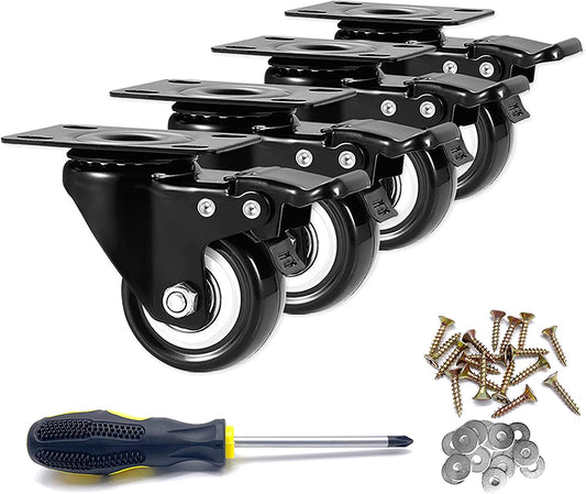 Caster Wheels, 2 Inch Casters, Casters Set of 4 Heavy Duty -  Locking Casters, Swivel Casters with Brake (Top Plate), Non Marking Black Castor Wheels for Cart Furniture Workbench
