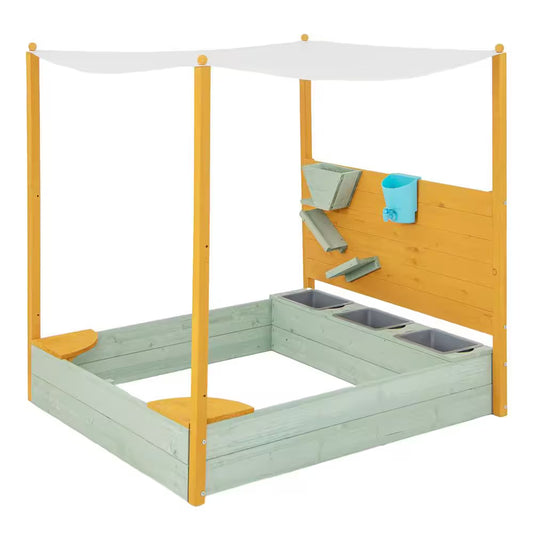 Kids Sandbox with Sand Wall Detachable Canopy Bottom Liner Water Bucket Outdoor