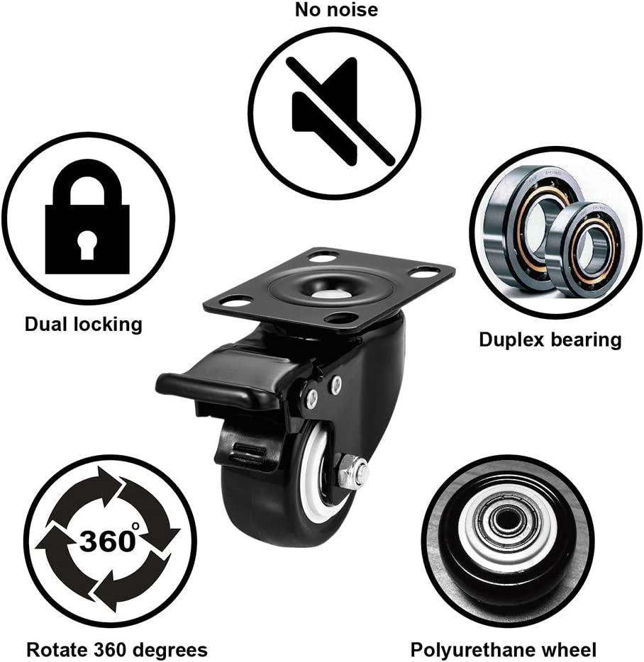 Caster Wheels, 2 Inch Casters, Casters Set of 4 Heavy Duty -  Locking Casters, Swivel Casters with Brake (Top Plate), Non Marking Black Castor Wheels for Cart Furniture Workbench