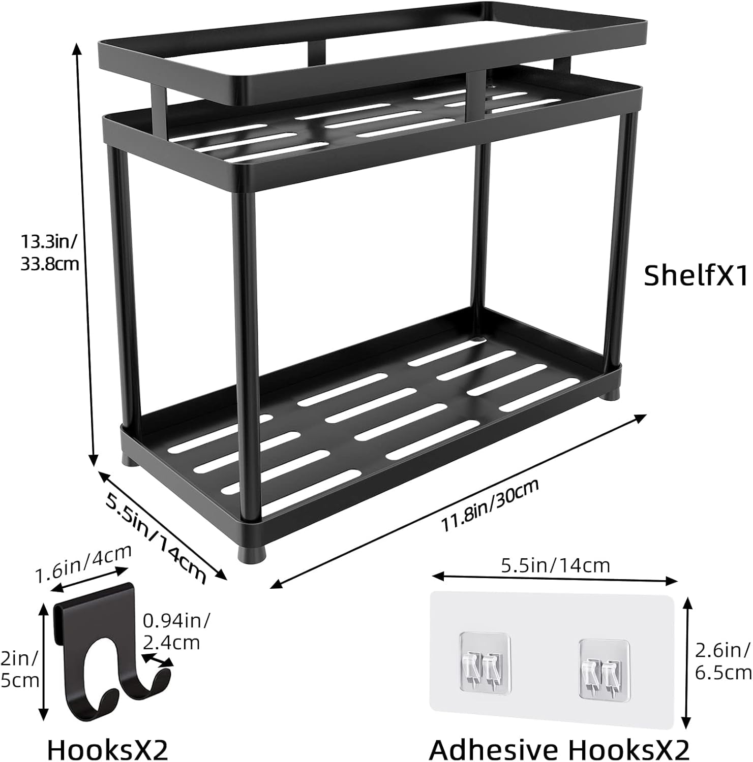 under Sink Organizer, 2 Tier Metal under Bathroom Sink Storage Baskets with Hooks, Self Adhesive Black under Sink Shelf Organizer for Bathroom Kitchen