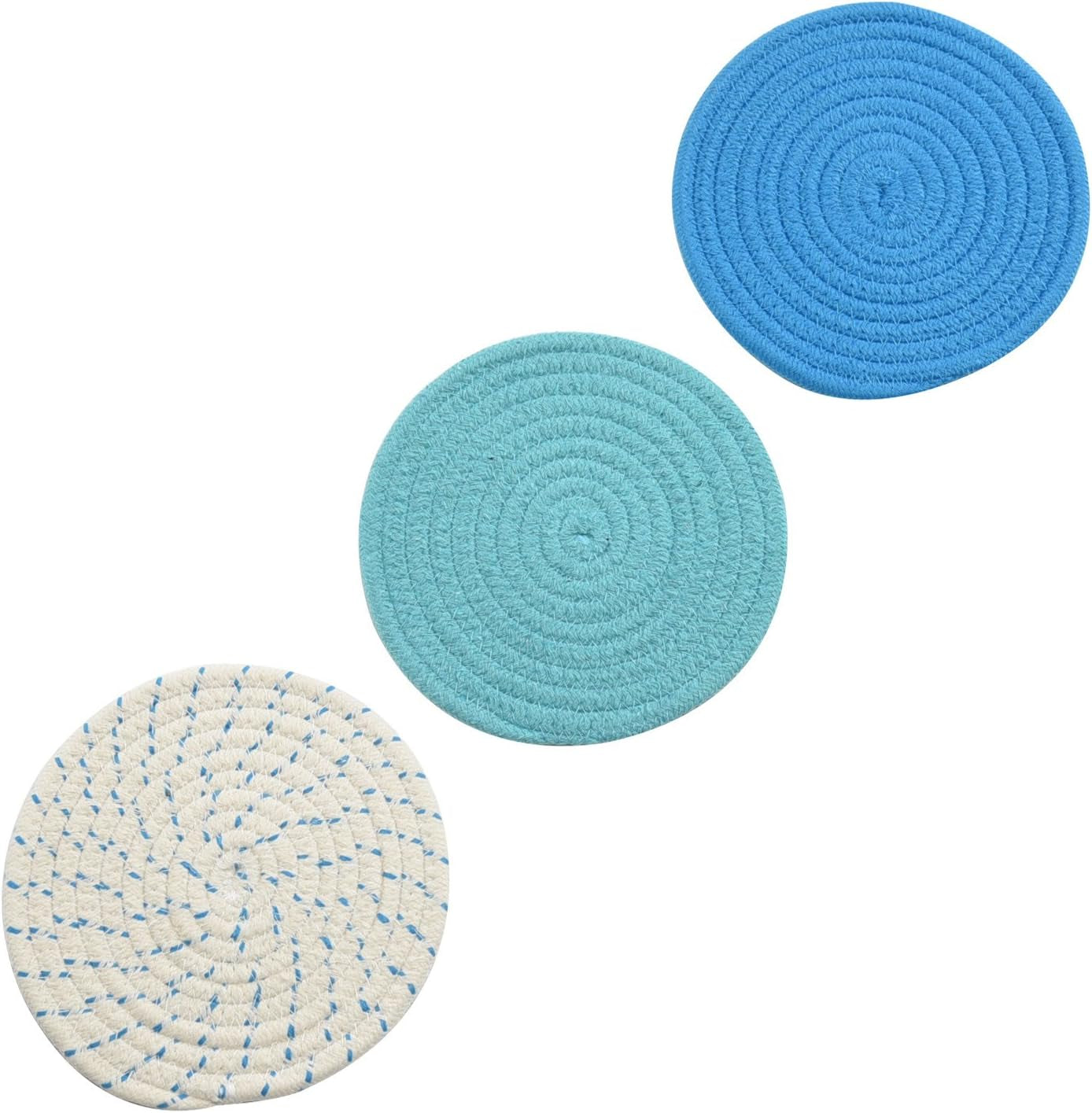 Kitchen Pot Holders Set Trivets Set 100% Pure Cotton Thread Weave Hot Pot Holders Set (Set of 3) Stylish Coasters, Hot Pads, Hot Mats, Spoon Rest for Cooking and Baking by Diameter 7 Inches (Blue)