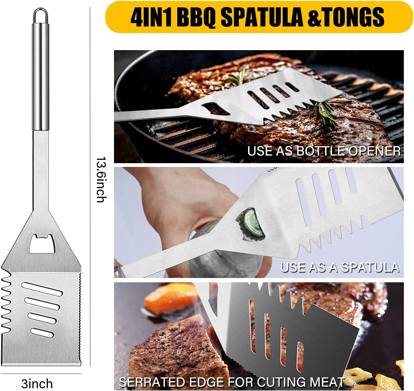 25 Pcs 14” Standard BBQ Grill Set with 4-In-1 Spatula, Wire Cleaning Brush, Grilling Fork, Straws. Premium Heavy-Duty Grill Accessories Gift and Utensils Bundle