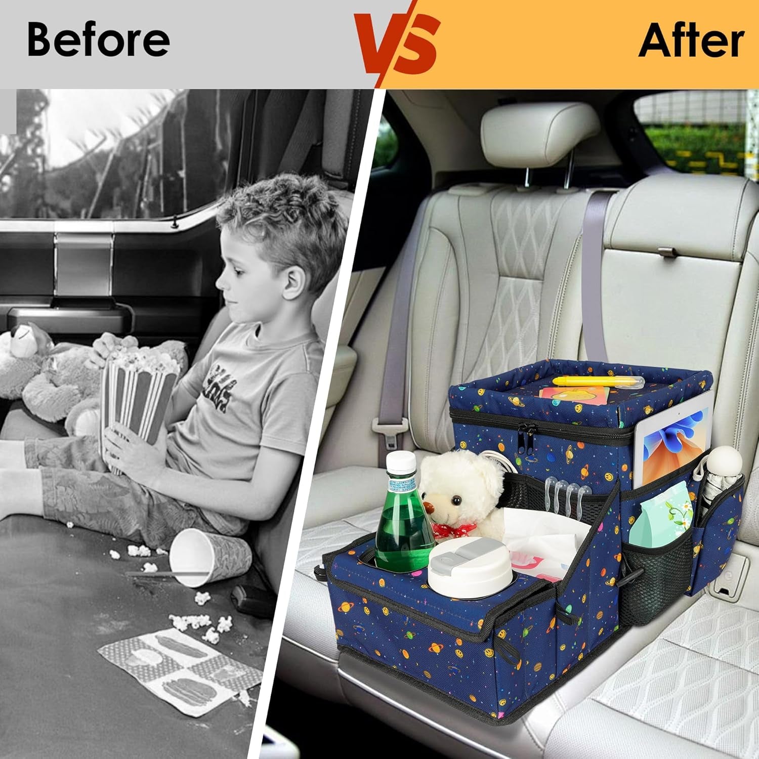 Car Seat Organizer, Backseat Car Organizer with Cup Holder Tray and Storages for Kids and Adults, Portable Travel Cooler for Car for Front or Back Seat Passenger Organizer Ccompartment (Blue)
