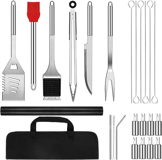 25 Pcs 14” Standard BBQ Grill Set with 4-In-1 Spatula, Wire Cleaning Brush, Grilling Fork, Straws. Premium Heavy-Duty Grill Accessories Gift and Utensils Bundle